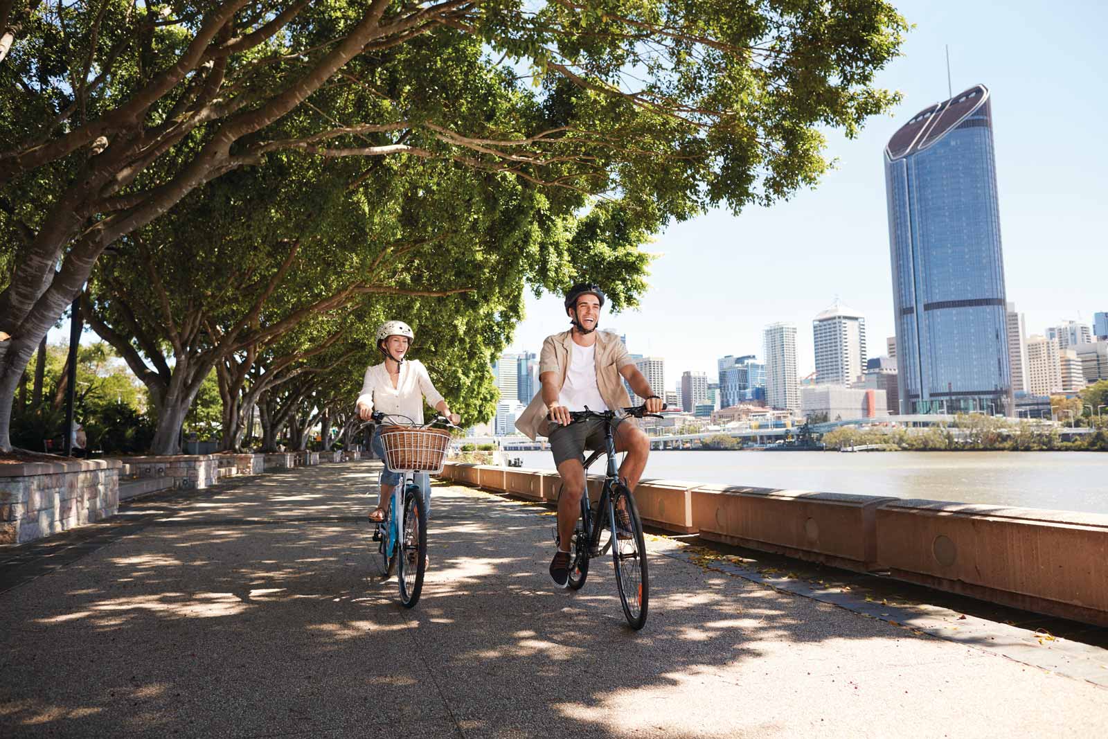 Cycling along the Brisbane River, South Bank