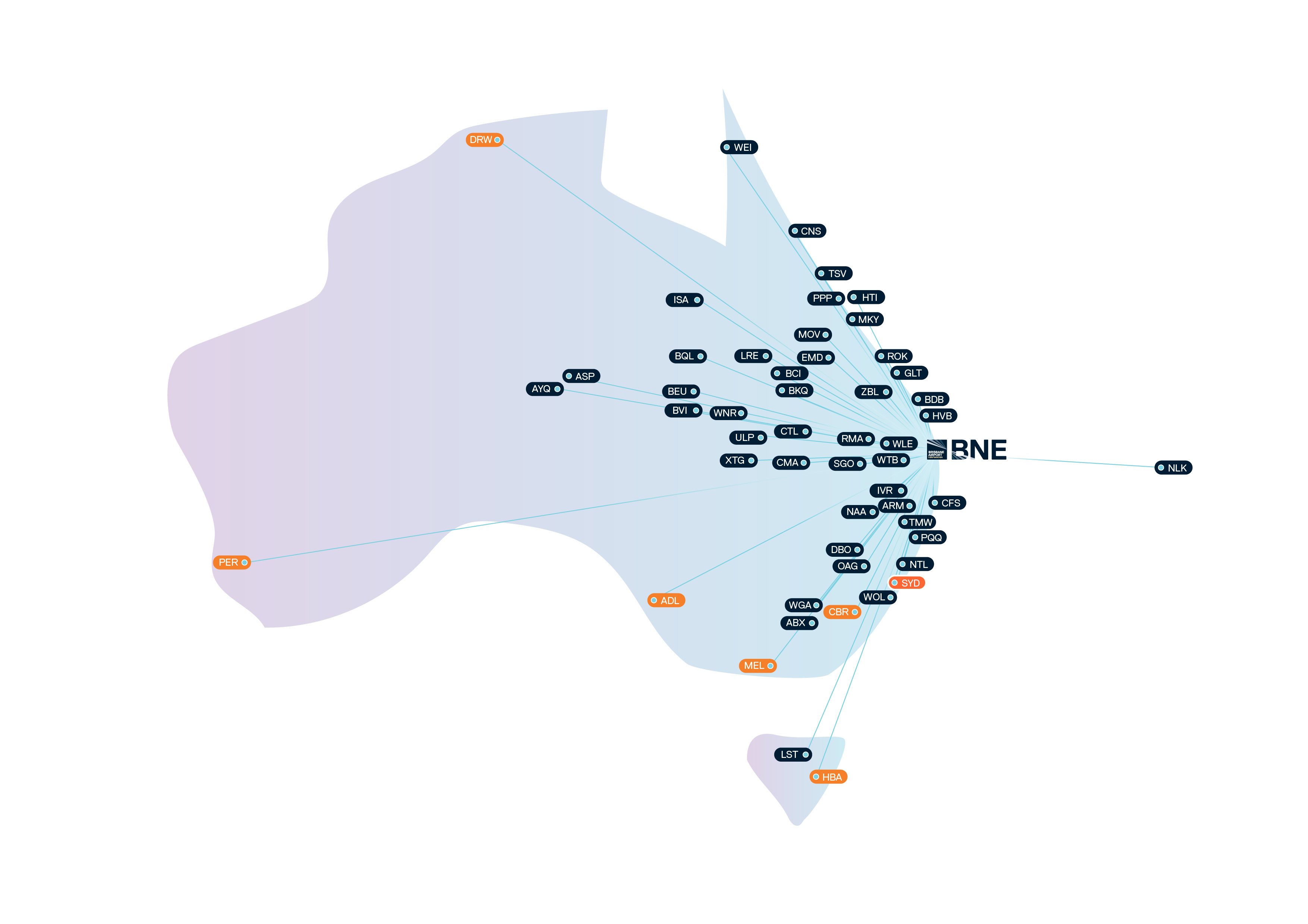 Map of Australia showing Brisbane's domestic network