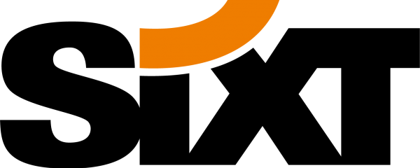 Sixt logo - black text with stylised orange swish as the dot on the letter i 